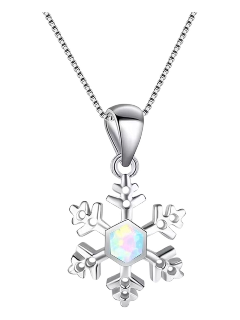White Gold Plated Christmas Snowflake Pendant Necklace with Opal Accent. New.